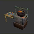 Cast Iron Pot on Traditional Stove with Wooden Table Carrots Cutting Board and Knife
