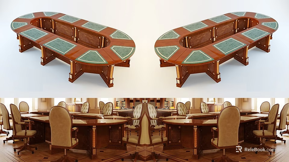 Elegant Wooden Conference Table With Green Inlaid Top And Surrounding Chairs In Meeting Room 3d model 