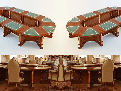 Elegant Wooden Conference Table With Green Inlaid Top And Surrounding Chairs In Meeting Room 3d model