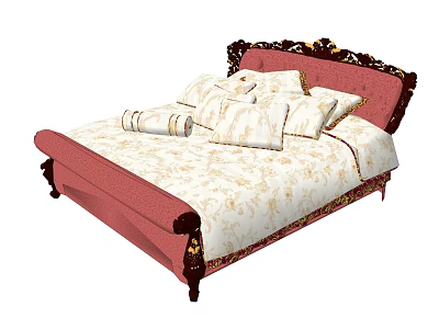 Double Bed With Red Carved Headboard White And Gold Patterned Bedding And Decorative Pillows 3d model