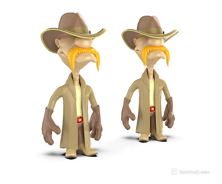 Two Cartoon Characters Wearing Brown Hats Long Yellow Mustaches Beige Coats Brown Gloves Red Logo 3d model 