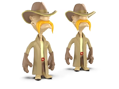 Two Cartoon Characters Wearing Brown Hats Long Yellow Mustaches Beige Coats Brown Gloves Red Logo 3d model