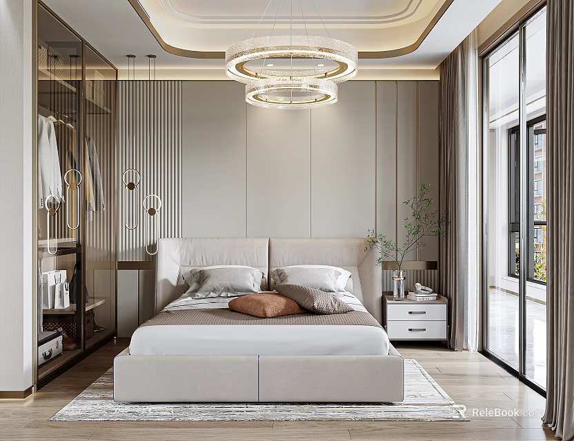 Modern Light Beige Bedroom Interior With Round Chandelier Glass Wardrobe And Area Rug 3d model 