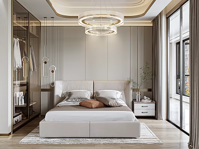 Modern Light Beige Bedroom Interior With Round Chandelier Glass Wardrobe And Area Rug 3d model