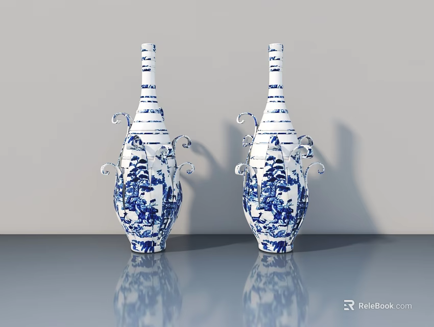 Classic Blue And White Porcelain Vases With Floral Patterns On Reflective Surface 3d model 
