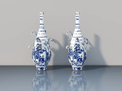 Classic Blue And White Porcelain Vases With Floral Patterns On Reflective Surface 3d model