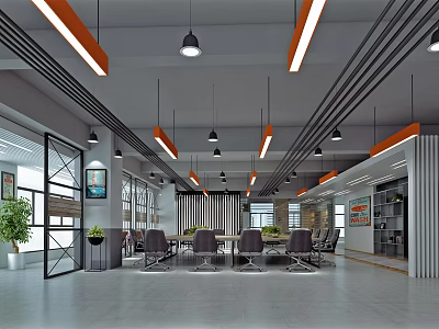 Modern Conference Room Interior With Meeting Tables Chairs And Pendant Lights 3d model