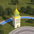 Elegant Beige Tower With Golden Spire And Green Accents Surrounded By Trees And Blue Sky