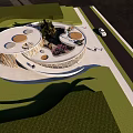 Modern Circular Building with Glass and Wooden Structure on Lawn by Blue Sky and Sea