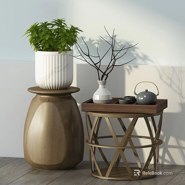 Green Plants In White Planter With Twigs In Vase On Wooden Side Table Decor 3d model 