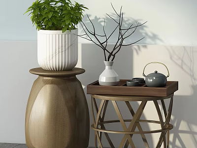 Green Plants In White Planter With Twigs In Vase On Wooden Side Table Decor 3d model