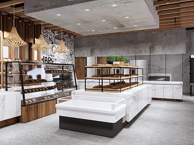 Modern Restaurant Interior With Glass Display Cases Wooden Decor Marble Countertops And Green Plants 3d model