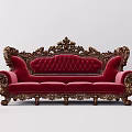 Elegant Three Seater Sofa With Red Velvet Upholstery And Ornate Gold Carvings
