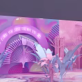 Colorful Decorative Scene With Purple Pink Archway Flowers And Geometric Shapes