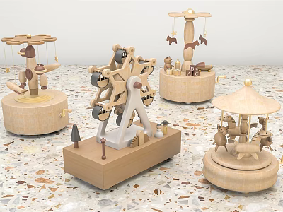 Wooden Decorative Ornament Set With Carousel Ferris Wheel And Figurine Designs 3d model