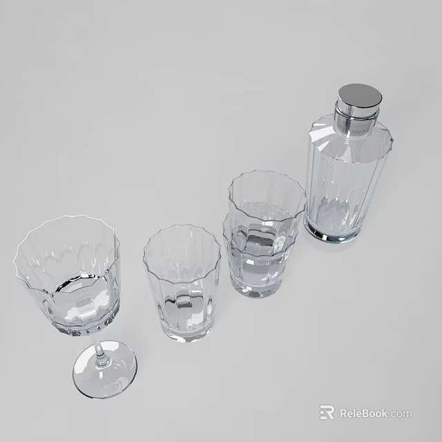 Elegant Crystal Wine Bottle With Four Transparent Glasses on White Background 3d model