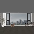 Floor to Ceiling Windows Offering City Skyline View in Modern Living Room with Teddy Bear