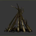 Burning Campfire With Stacked Wood Logs And Stone Base Glowing Flames