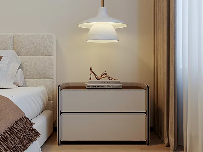 Modern Bedroom Nightstand With White Pendant Lamp High Heels And Books On Drawers Design 3d model