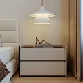 Modern Bedroom Nightstand With White Pendant Lamp High Heels And Books On Drawers Design