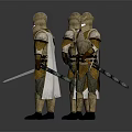 Game Movie Character Wearing Gold and Brown Armor Holding Weapons in Three Standing Poses