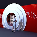 Photo Check In Spot With Red Background White Concentric Circles Black Logo And Female Model