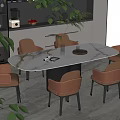 Modern Dining Room With Oval Marble Table And Brown Leather Chairs 3d model