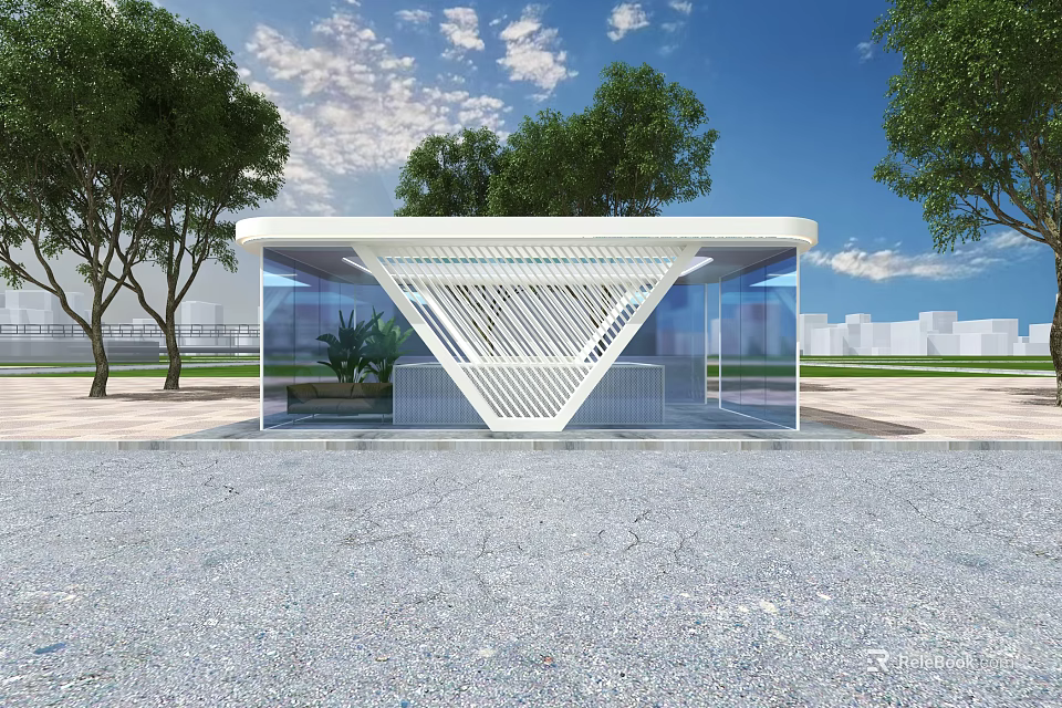 Modern Glass Bus Shelter With White Curved Roof And Trees Around 3d model 