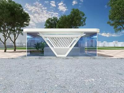 Modern Glass Bus Shelter With White Curved Roof And Trees Around 3d model