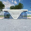 Modern Glass Bus Shelter With White Curved Roof And Trees Around