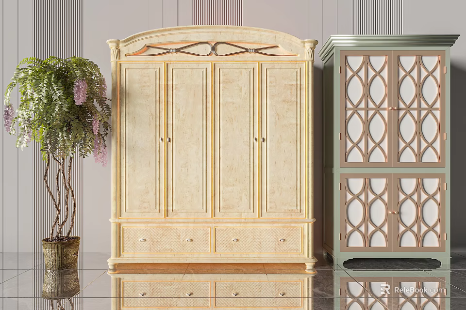 Elegant Beige Carved Wardrobe with Drawers and Green Geometric Lattice Door Design and Decorative Plant 3d model 
