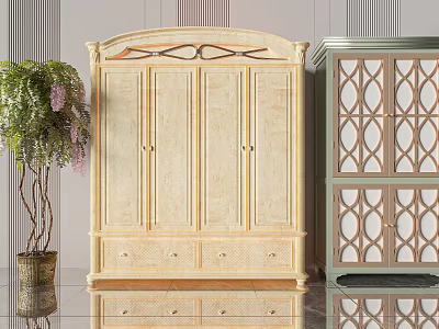 Elegant Beige Carved Wardrobe with Drawers and Green Geometric Lattice Door Design and Decorative Plant 3d model