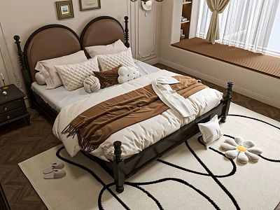 Classic Double Bed with Brown Headboard Dark Frame White Brown Bedding Pillows Rug Slippers and Window Curtains 3d model