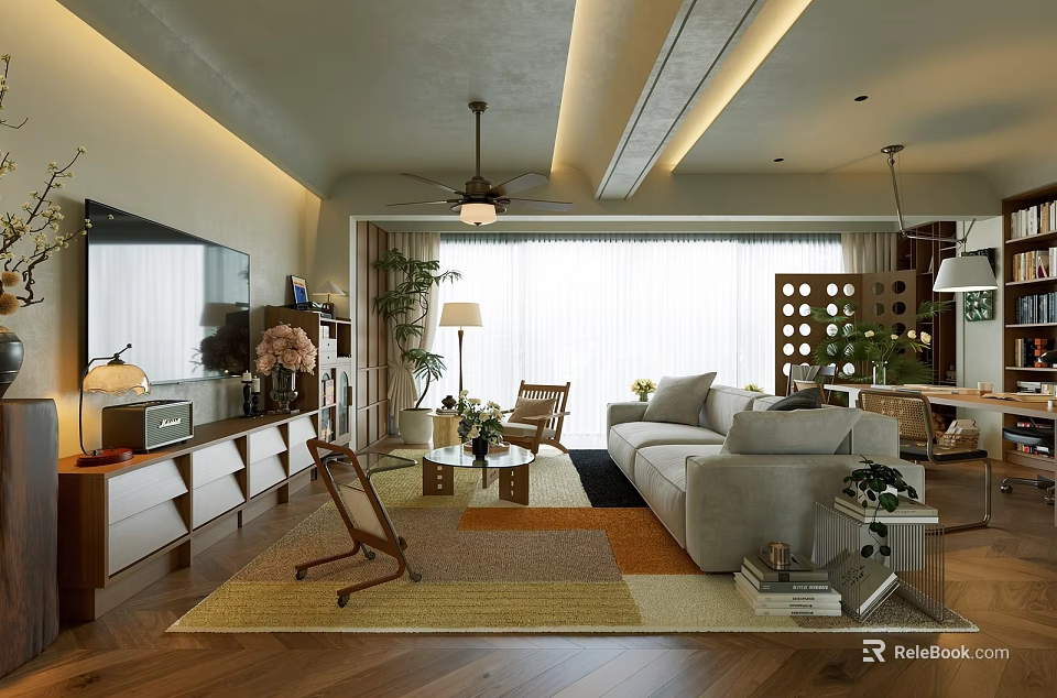 Modern Living And Dining Room Interior With Sofa Coffee Table Ceiling Fan And Plants 3d model 