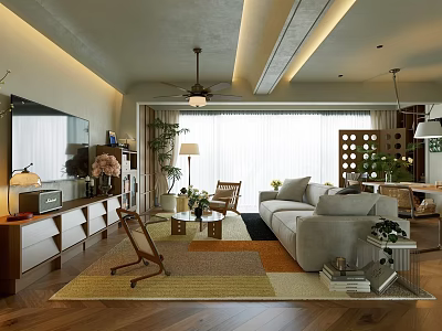 Modern Living And Dining Room Interior With Sofa Coffee Table Ceiling Fan And Plants 3d model