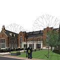 Classic Red Brick Courtyard With Central Fountain Lawn Green Trees And People Strolling