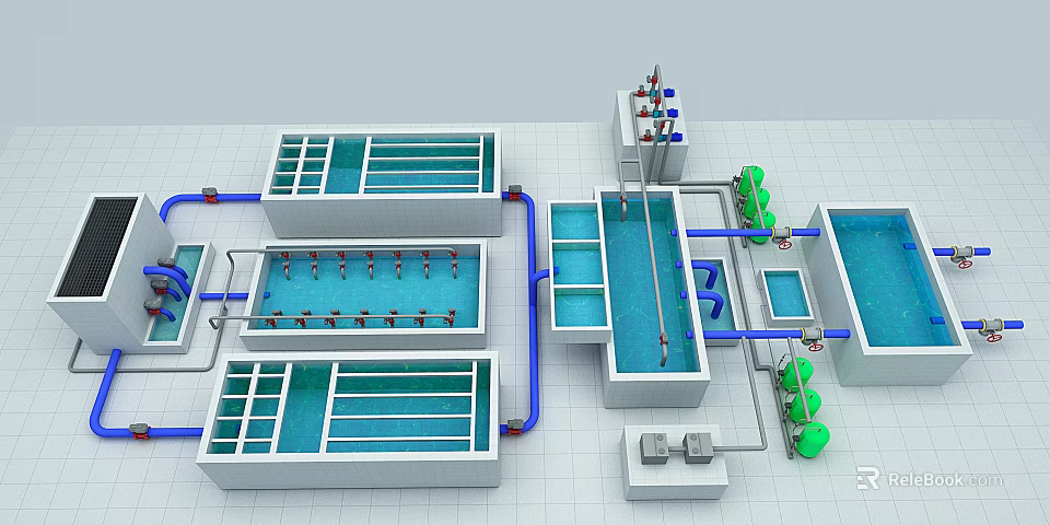 Aerial View of Water Treatment Facility with Blue Pipes White Tanks and Green Equipment 3d model 