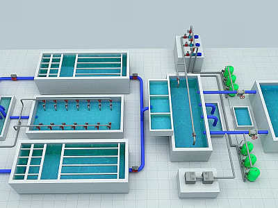 Aerial View of Water Treatment Facility with Blue Pipes White Tanks and Green Equipment 3d model