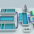 Aerial View of Water Treatment Facility with Blue Pipes White Tanks and Green Equipment