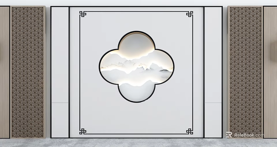 Modern Chinese Style Sofa Background Wall With Decorative Border And Cloud Shaped Mountain Cloud Pattern 3d model