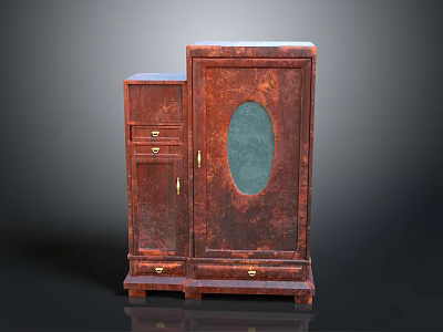 Vintage Wooden Wardrobe With Circular Glass Door And Drawers Design 3d model