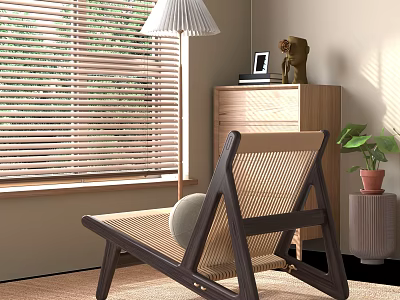 Leisure Chair with Wooden Frame Woven Backrest by Window Blinds Table Lamp and Green Plant 3d model
