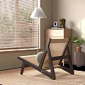 Leisure Chair with Wooden Frame Woven Backrest by Window Blinds Table Lamp and Green Plant