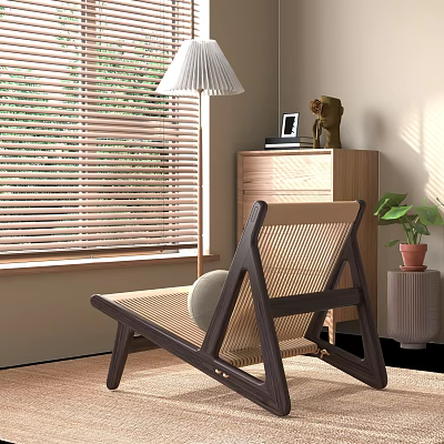 Leisure Chair with Wooden Frame Woven Backrest by Window Blinds Table Lamp and Green Plant 3d model