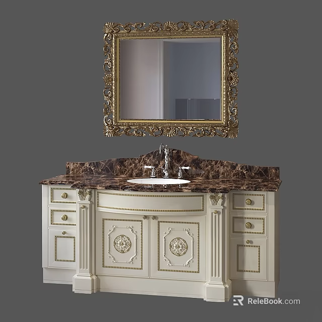 Classical White Vanity With Carved Details Gold Framed Mirror And Marble Countertop 3d model 