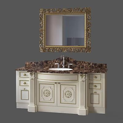 Classical White Vanity With Carved Details Gold Framed Mirror And Marble Countertop 3d model