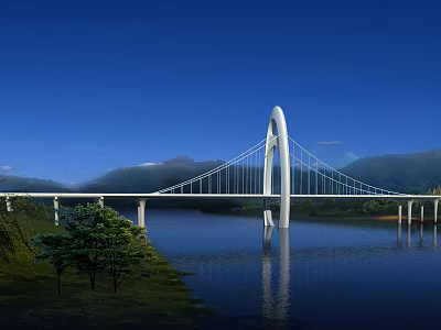 Modern White Arch Cable Stayed Bridge Spanning River With Mountain Scenery And Green Trees 3d model