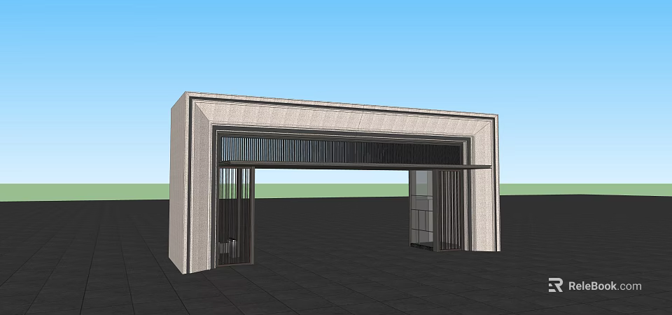 Modern Stone Entrance Gate With Metal Grille And Blue Sky Backdrop 3d model 