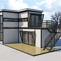 Modern Container Building With White Black Exterior Circular Windows And Staircase 3d model