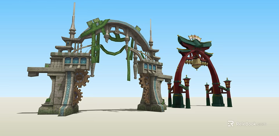 Decorative Arches With Stone Structure Green Vines Chinese Style Red Frame Bell And Lanterns 3d model 